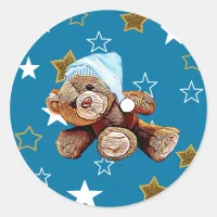 Teddy Bear Blue Stars Baby Shower Stickers