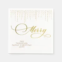 Gold Script Glitter Red White Family Christmas Napkins