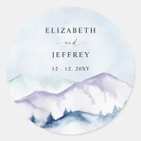 Rustic Watercolor Mountains Outdoor Pine Wedding   Classic Round Sticker