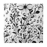 Black and White Flowers and Musical Notes Ceramic Tile