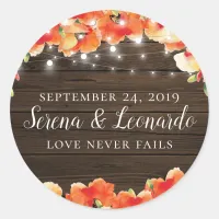 Rustic String Lights Wood Poppy Wedding Date Classic Round Sticker