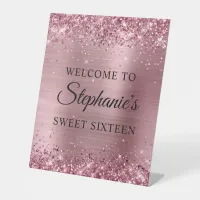 Glittery Pink Foil Sweet Sixteen Welcome Pedestal Sign