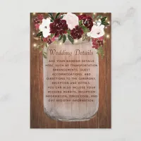 Rustic Burgundy Floral Mason Jar Wedding Details  Enclosure Card