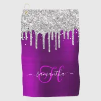 Monogrammed Magenta Purple Silver Dripping Glitter Golf Towel