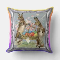 Vintage Easter Rabbits Carry Eggs in Basket, ZSSG Throw Pillow