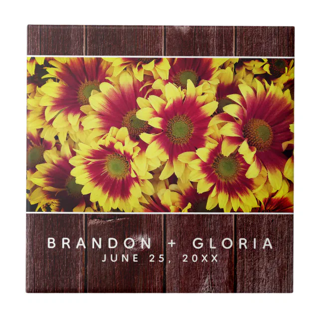 Rustic Autumn Sunflowers on Fence Wedding Ceramic Tile