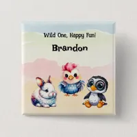 Wild One Happy Fun Woodland Animals Watercolor Button