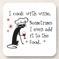I Cook With Wine Funny Quote with Cat Beverage Coaster