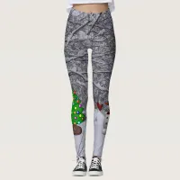 Christmas Tree, Snowman, Snow Scene Photo Leggings