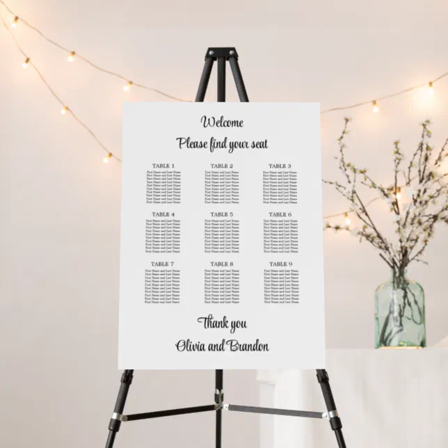 Stylish 9 Table Wedding Seating Chart Foam Board