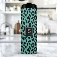 Trendy Teal Leopard Animal Print Monogram Thermal Tumbler