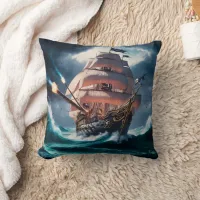 Pirate Ship Navigating Stormy Seas at Dusk Throw Pillow