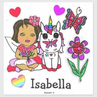 Large Hand Drawn Ethnic Fairy, Unicorn and Name Sticker