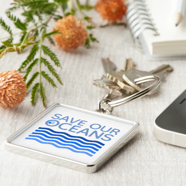 Save Our Oceans Blue Stylized Earth Waves Keychain