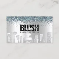 Makeup Artist Silver Glitter + Peacock Gems Business Card