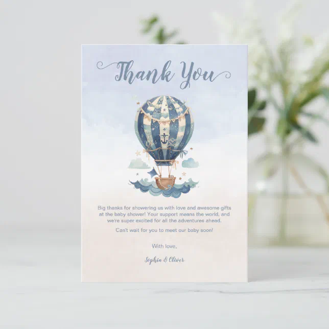  Hot Air Balloon Anchor Baby Shower Watercolor  Thank You Card