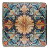 Colorful Floral Tile Pat#8 Blue Apricot ID1078 Trivet