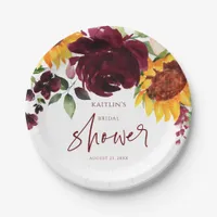 Bridal Shower Fall Sunflowers Burgundy Roses Paper Plates