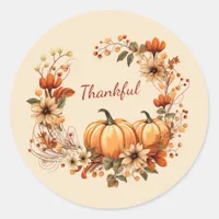 Thankful Pumpkin and Autumn Flowers Wreath Classic Round Sticker