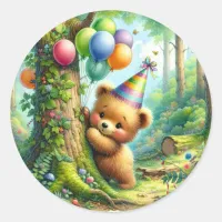 Cute Watercolor Cartoon Baby Bear Cub Birthday Classic Round Sticker