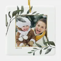 Elegant Botanical Gold Foil Frame Christmas Photo Ceramic Ornament