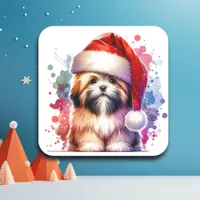 Lhasa Apso Dog in Santa Hat Christmas   Square Sticker