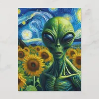 Alien in a Faux Van Gogh Sunflower Field Postcard