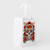 Sugar Skull Pink Red Roses Holidays Reusable Grocery Bag