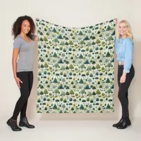 Green Stylized Trees Botanical Print Illustration Fleece Blanket