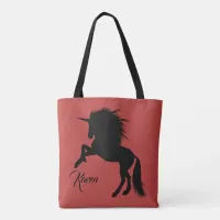 Personalized Black and Red Magic Rearing Unicorn Tote Bag