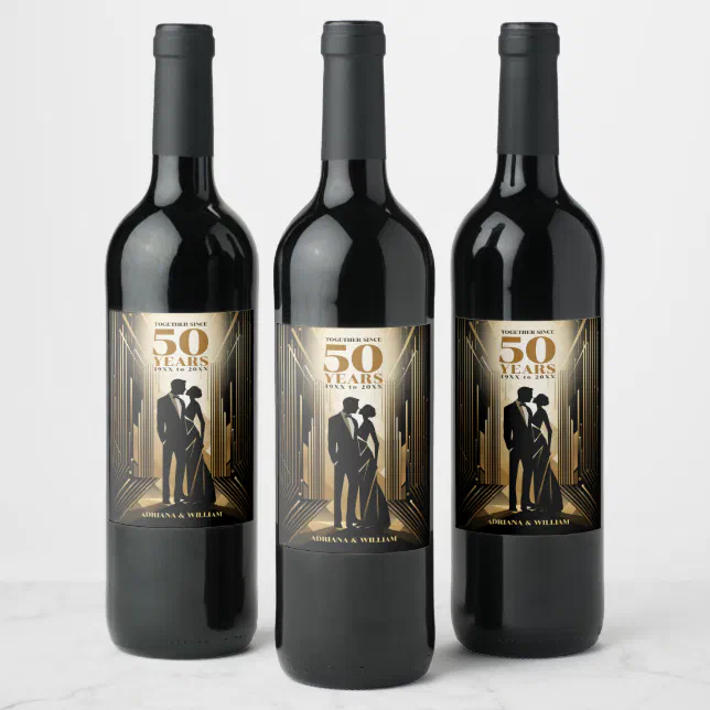 Art Deco Retro Black & Gold Wedding Anniversary Wine Label