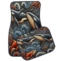 Whales Swimming Through Vibrant Ocean Waves Car Floor Mat