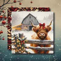 Vintage Farm and Cute Highland Cow Christmas  Card