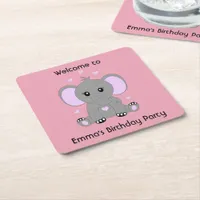 Cute baby elephant in pink for girls birthday square paper coaster