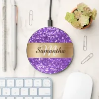 Sparkly Purple Glitter Gold Foil Monogram Wireless Charger