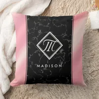 Elegant Black Marble & Pink Foil Monogram Throw Pillow