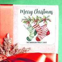 Festive Watercolor Christmas Stockings Square Sticker