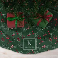 Elegant Forest Green Botanical Christmas Monogram Brushed Polyester Tree Skirt