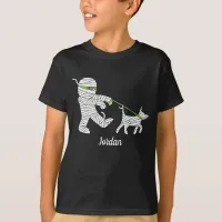 Kids Halloween Mummy Boy Walking Dog T-Shirt