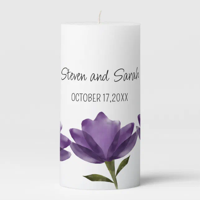 Purple white floral modern romantic minimalist pillar candle