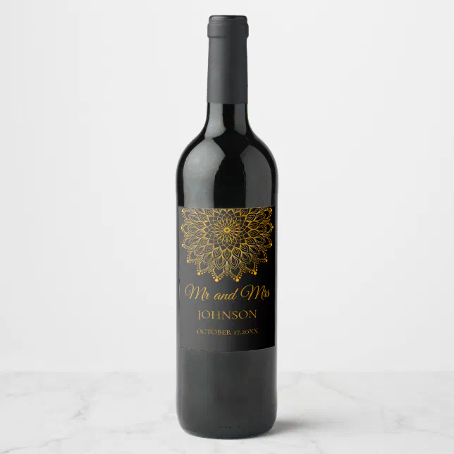 Elegant simple black ornate wedding wine label