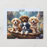 Cute puppies in a basket, custom  postcard