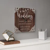 Rustic Wood String Lights Lace Wedding Square Wall Clock