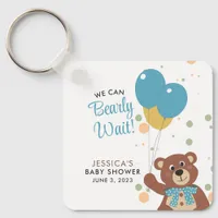 We Can Bearly Wait Cute Blue Baby Boy Custom Name Keychain