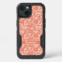 Modern Coral Peach Spring Flower Pattern Monogram iPhone 13 Case