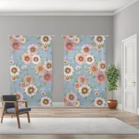 Pink Daisies Floral Pattern on Blue 50x84 Inch Sheer Curtains