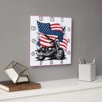 Vintage motorcycle with American flag backdrop Square Wall Clock