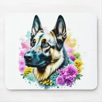 German Shepherd in Pink and Yellow Flowers Mouse Pad