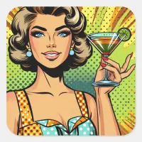 Retro Pop Art Woman with Cocktail | Cheers Square Sticker