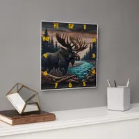 Majestic Moose by Serene Forest River Square Wall Clock